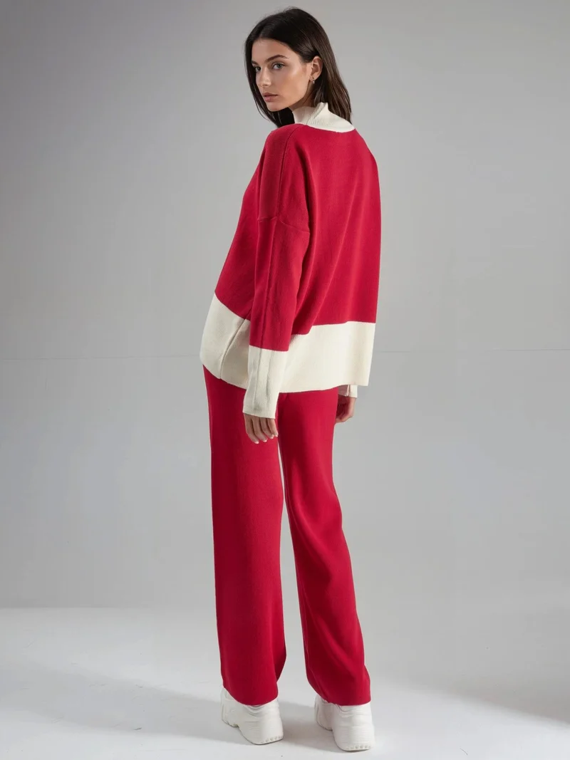MY FASHION Red MY FASHION Ribbed Knit Co-Ord Set with Half Turtleneck for Women | Best Price UAE
